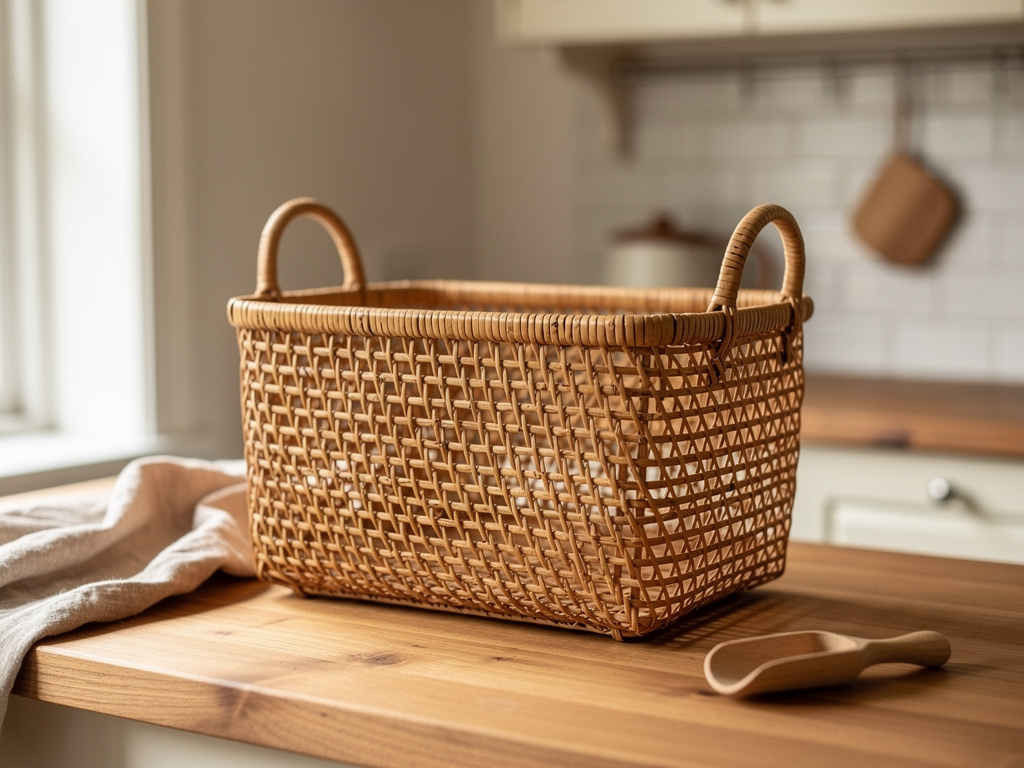 Rectangular handwoven rattan basket with dual arched handles in a cottagecore kitchen, warm honey tones, soft natural lighting.