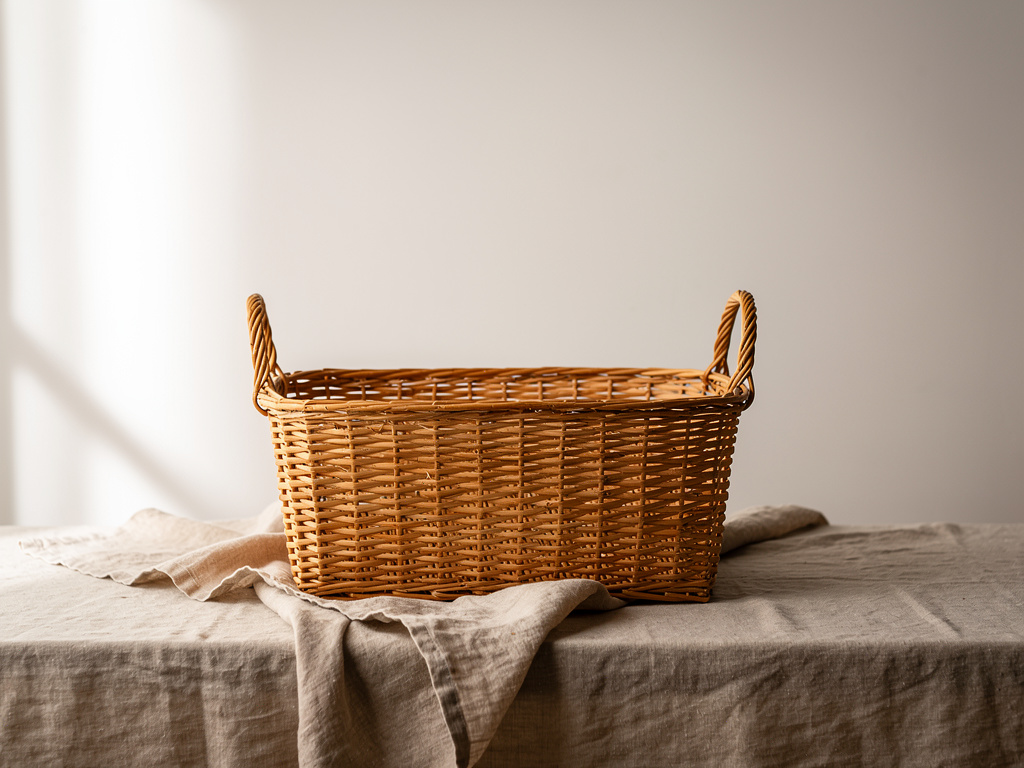 Rectangular handwoven rattan basket in honey-tone with dual arched handles, styled on a neutral background with natural materials and soft lighting in a wide editorial composition.