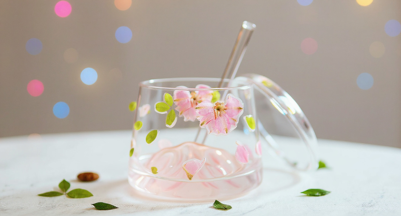 Premium Fuji Mountain glass cup with embedded flowers, ceramic teapot, linen napkin, on rattan coaster