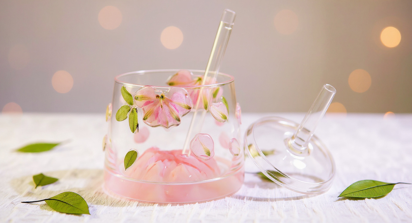 Premium Fuji Mountain Real Flower Whiskey Glass 400ml with iced coffee and glass straw