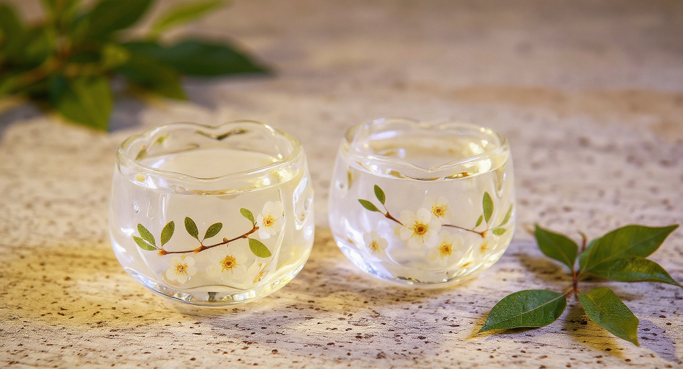 Clear glass tea cup with real pearl plum flowers on bamboo tea board next to ceramic teapot