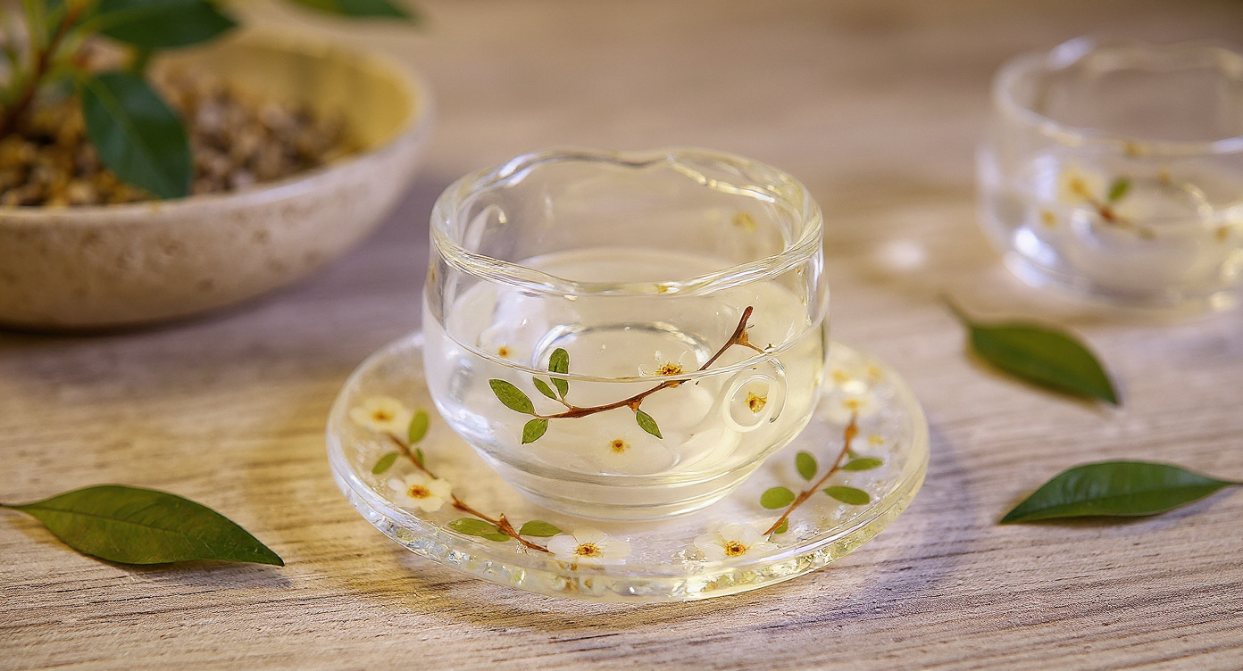 Handmade eco resin tea cup with pearl plum blossoms on linen cloth with tea scoop and leaves