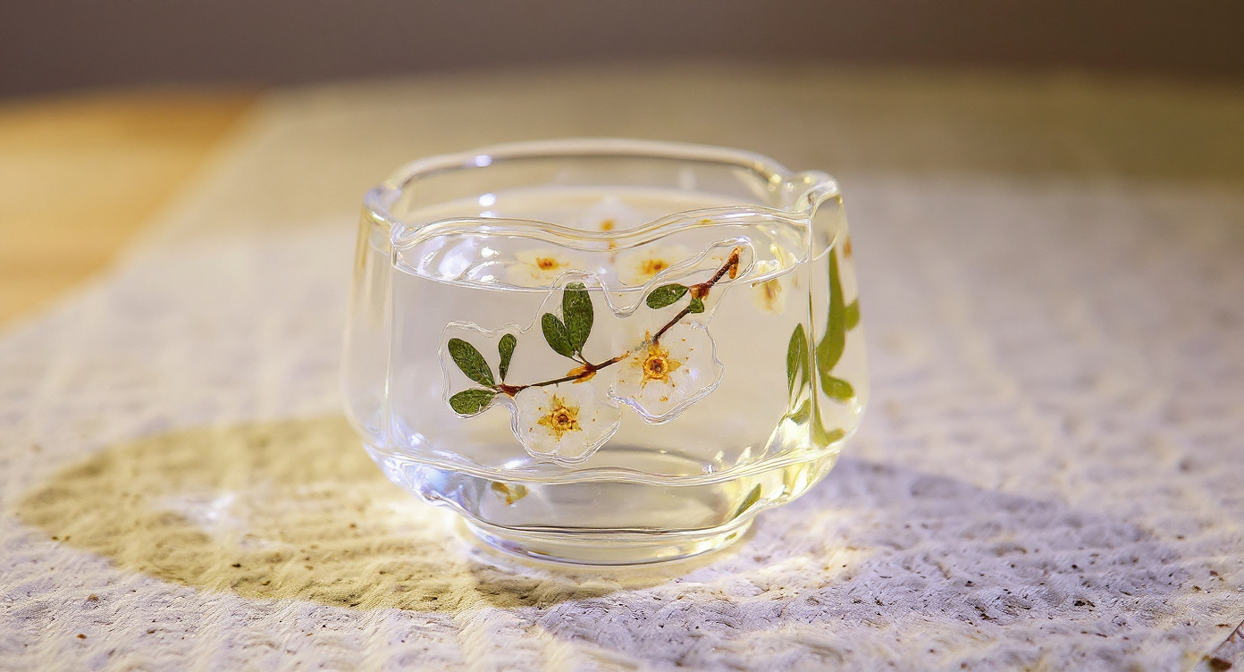 Real pearl plum flower glass tea cup on stone surface with fresh blossoms