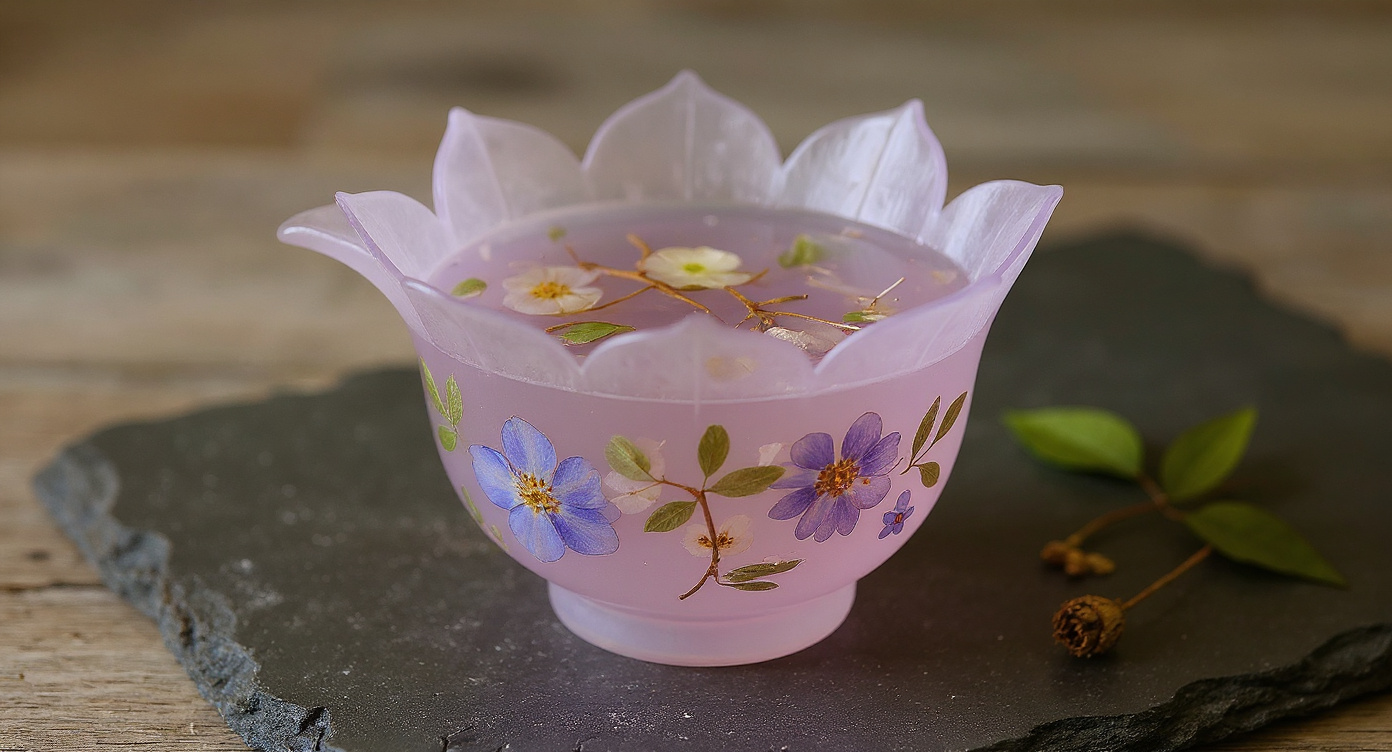 Eco Resin Tea Cup on wood tray with stone teapot and dried flowers