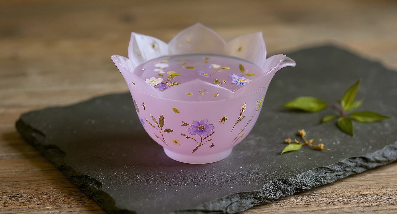 Handmade Eco Resin Tea Cup Real Flowers on linen with lotus petals