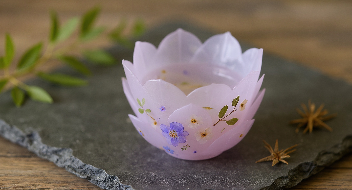 Frosted purple lotus glass tea cup on slate with dried flowers