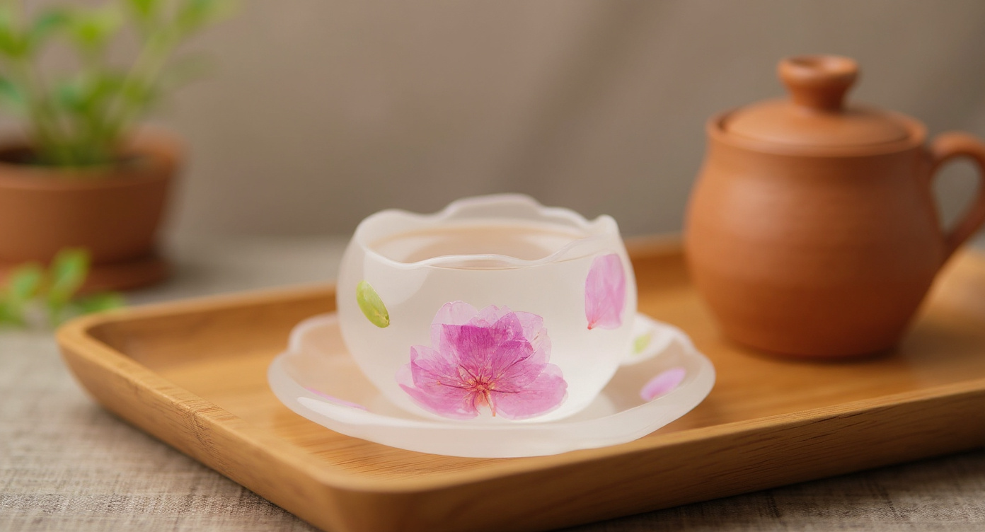 Handmade Peach Blossom Tea Cup on sage linen with scattered dried petals and candlelight