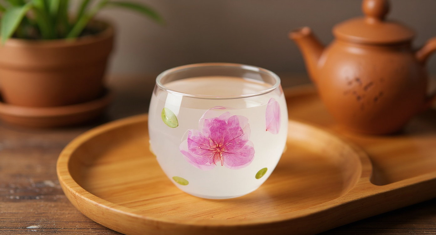 Handmade Peach Blossom Tea Cup with real flower resin beside Yixing clay teapot