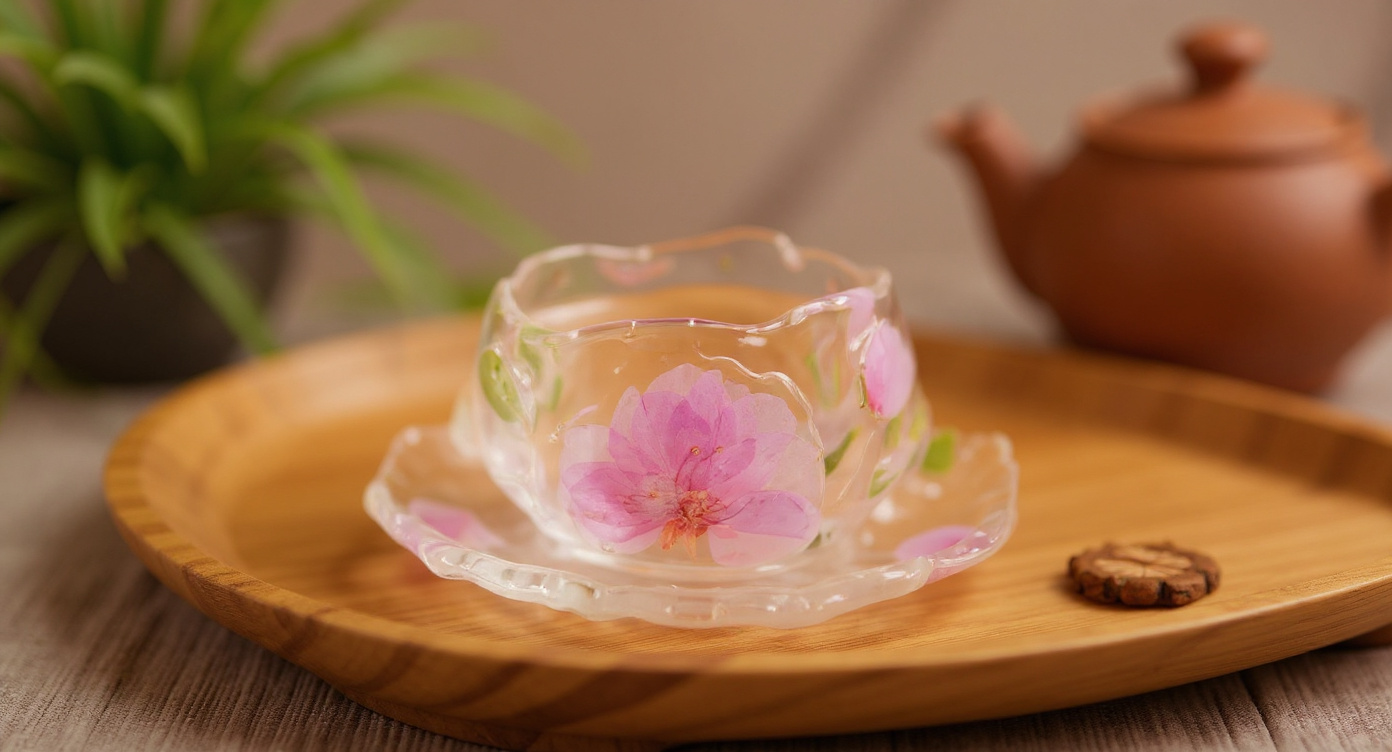 Handmade Peach Blossom Tea Cup on washi paper runner with celadon teapot background