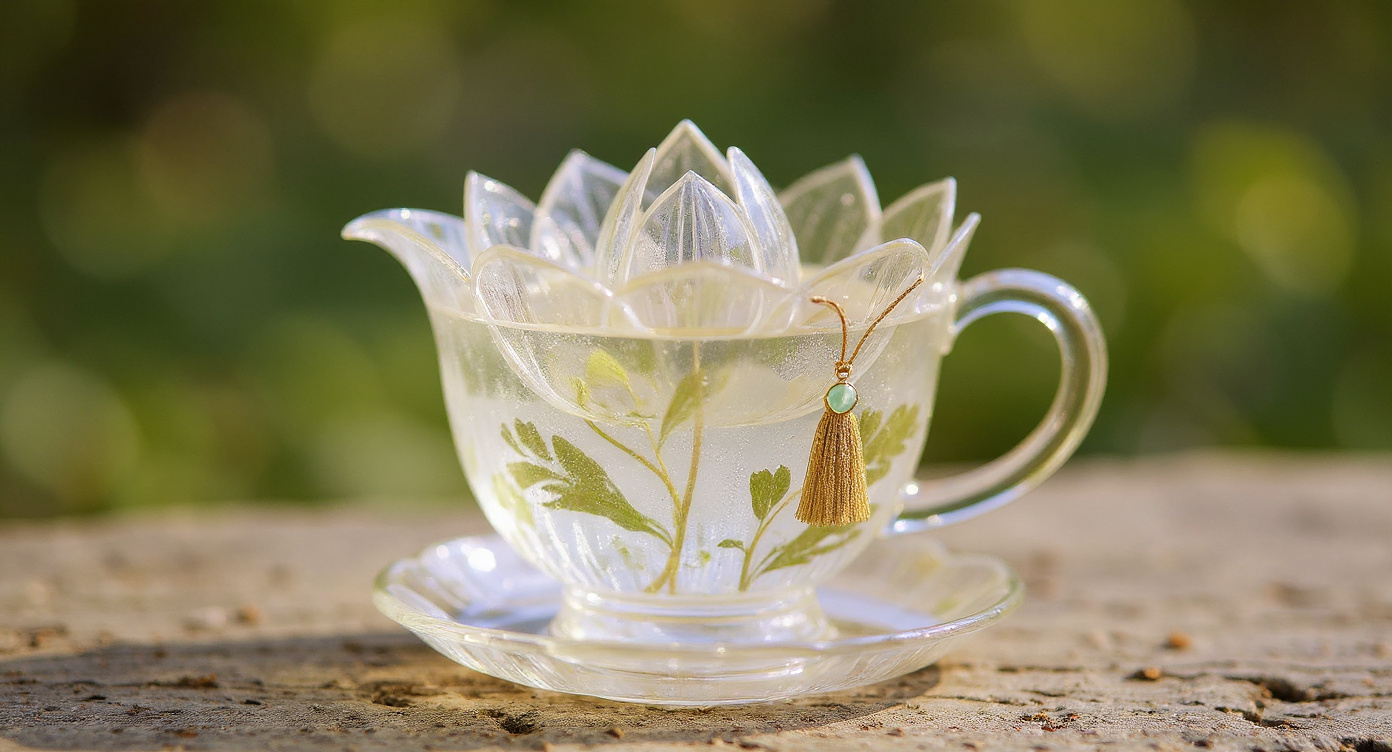 Handmade Lotus Glass Tea Set Real Pressed Flowers with fresh lotus buds on bamboo placemat.