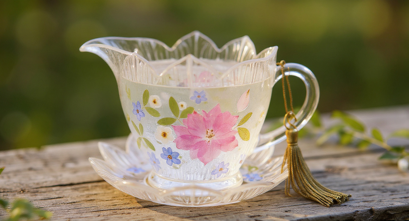 Handmade Lotus Glass Tea Set Real Pressed Flowers with incense smoke and silk cloth.