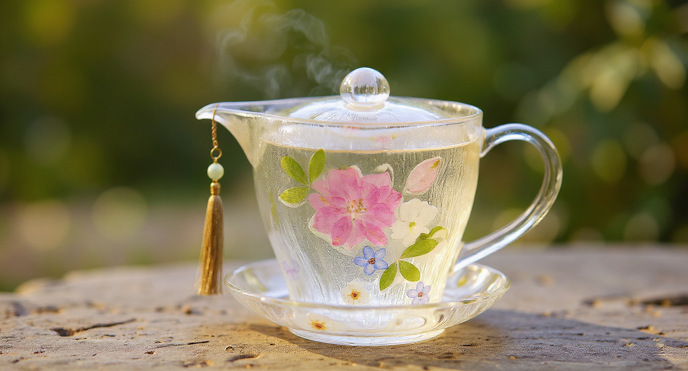 Top-down view of Handmade Lotus Glass Tea Set Real Pressed Flowers with dried botanicals.