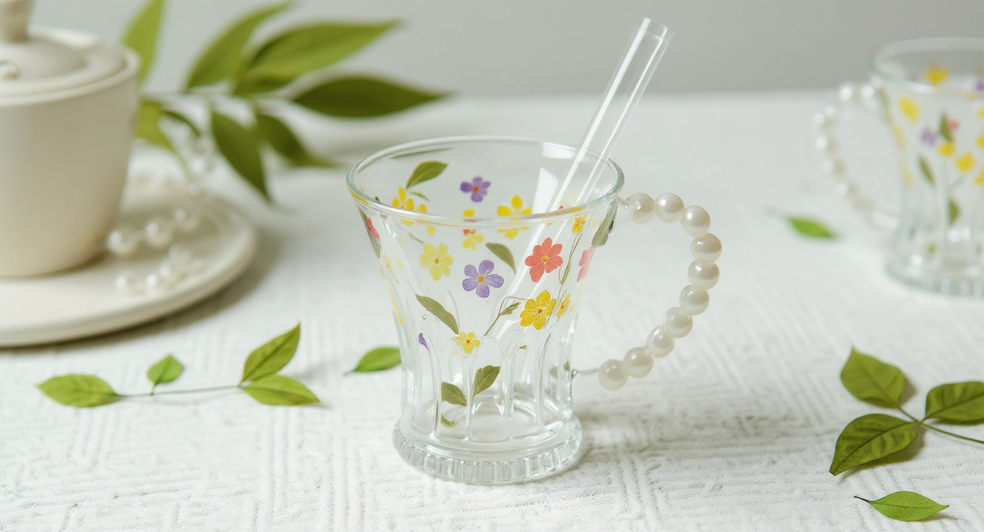 Handmade Glass Cup with Pressed Flowers and Beaded Handle on Wooden Tray with Botanical Journal