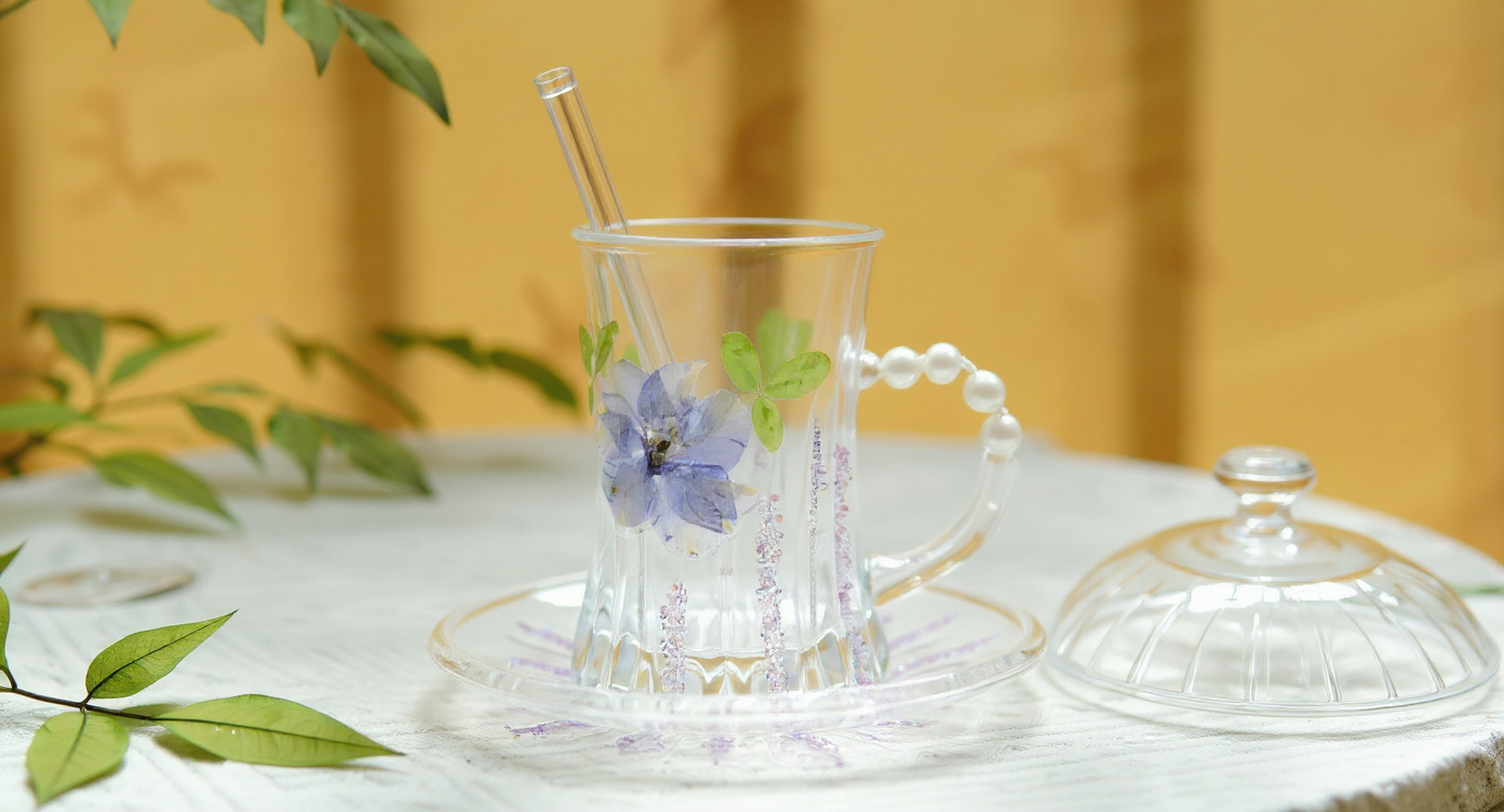 Handmade Glass Cup Real Pressed Flowers on Windowsill with Pampas Grass Vase