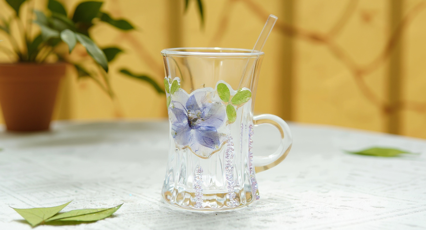 Handmade Glass Cup with Pressed Flowers and Beaded Handle beside Open Book and Tea Jar