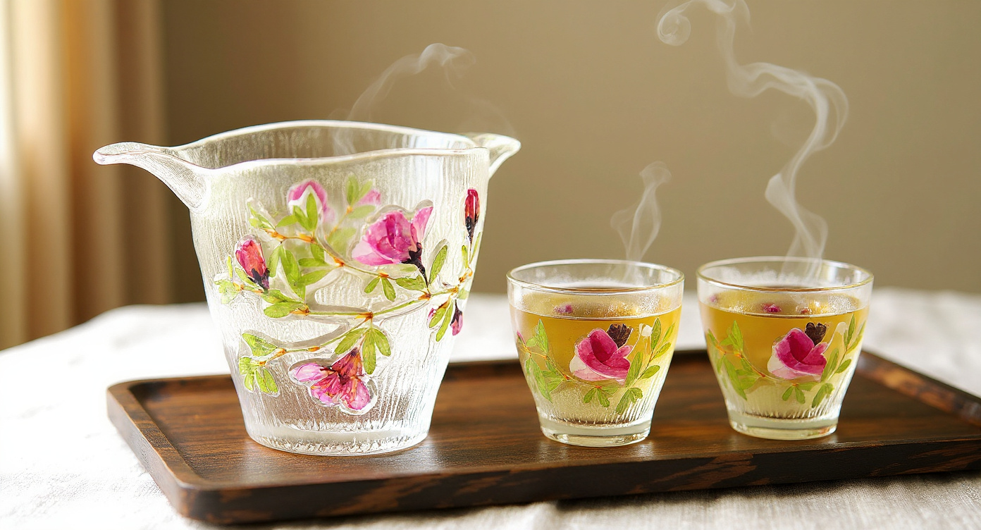 Close-up of Handmade Rose Petal Glass Tea Set lotus gaiwan with preserved pink petals.