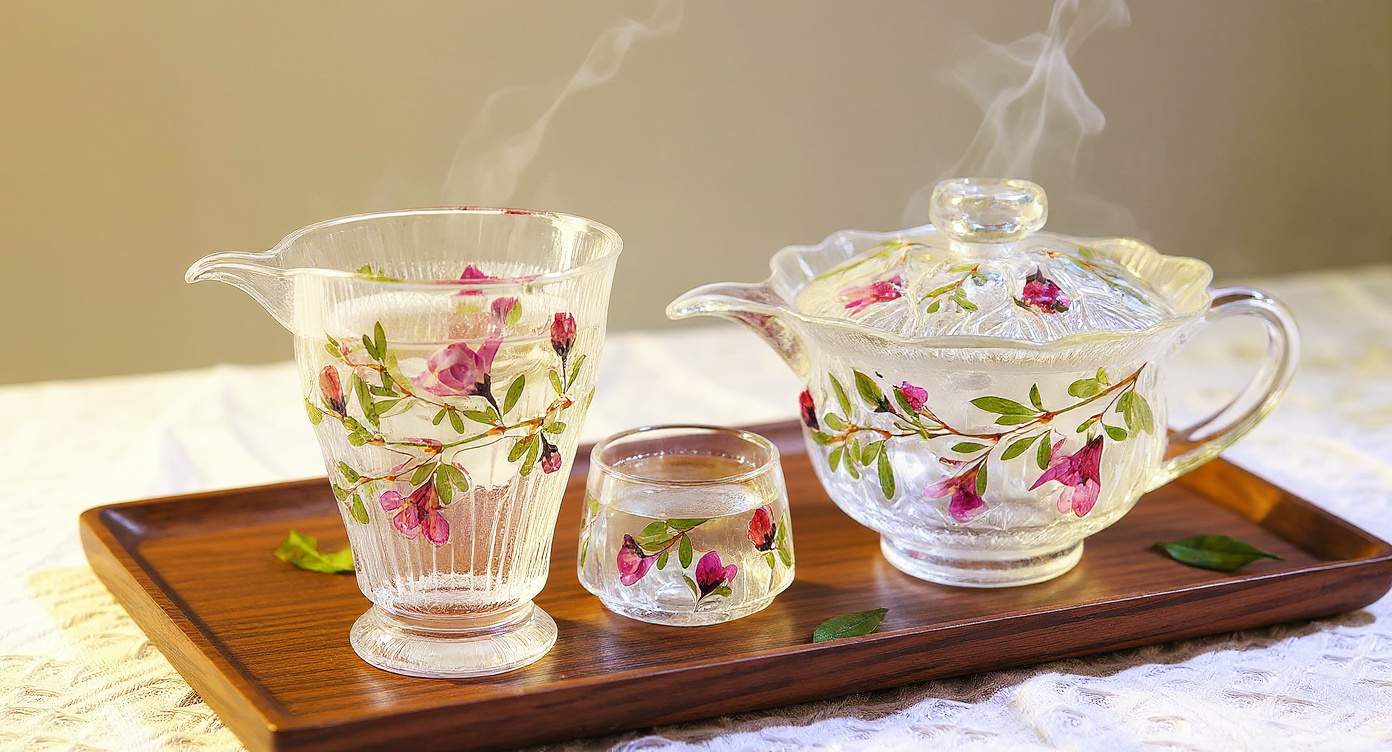 Handmade Rose Petal Glass Tea Set fair cup pitcher and cups with real pink petals on linen.