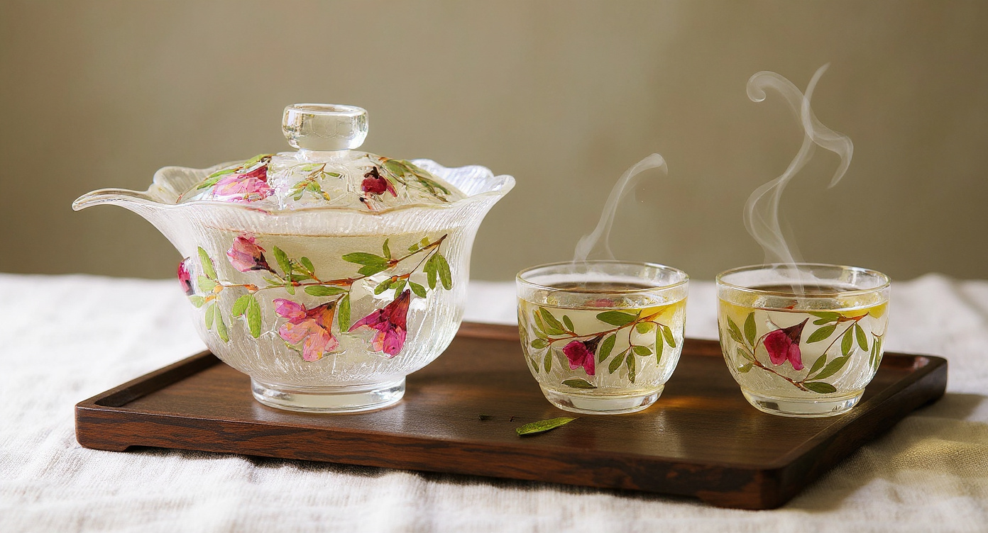 Side view of Handmade Rose Petal Glass Tea Set with pink rose petals on slate tea tray.