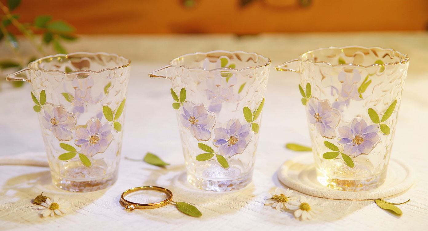Close-up of Pampasroom hammered glass tea cup with pressed flowers and gold rim