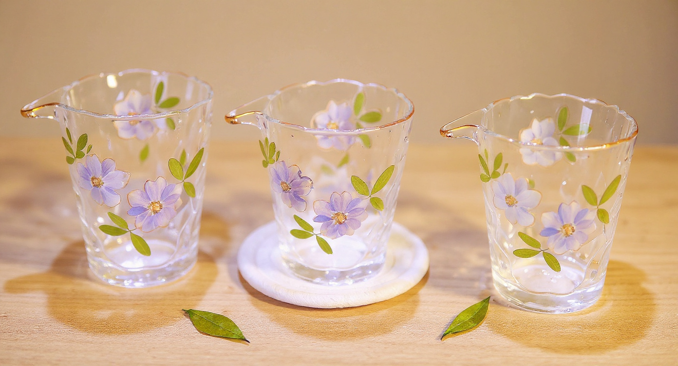 Overhead Pampasroom 8-piece hammered glass tea set with pressed flowers and gold rims on sage linen