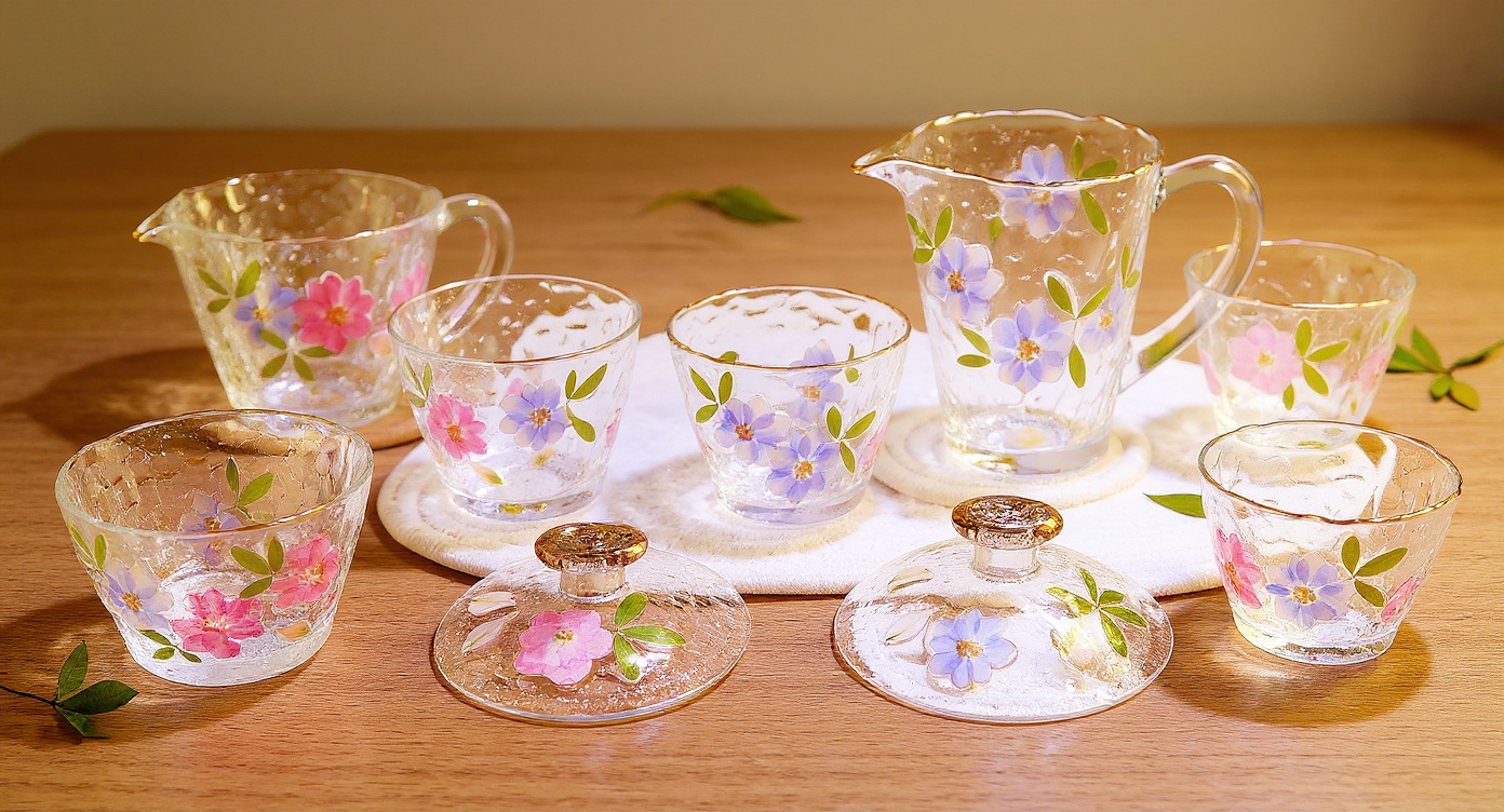 Pampasroom hammered glass tea set with real pressed flowers gold rim on wood tea tray