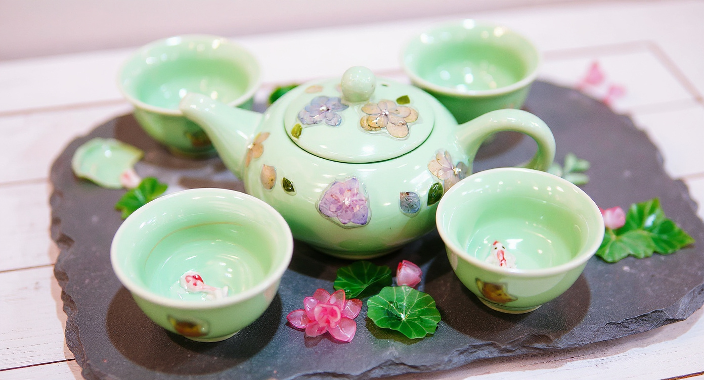 Teacups from Handmade Celadon Tea Set with 3D Koi Fish and Pressed Flowers Filled with Amber Tea