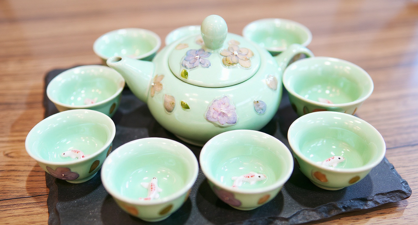 Handmade Celadon Tea Set Teapot and Cups on Bamboo Tray with River Stones and Jasmine
