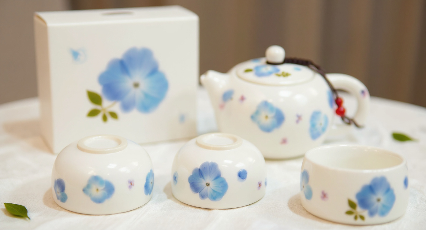 Handmade Porcelain Tea Set Real Pressed Blue Hydrangeas teapot and cup closeup