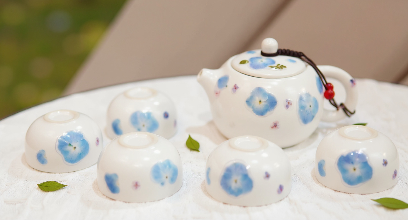 Handmade Porcelain Tea Set Real Pressed Blue Hydrangeas overhead with gift box and calligraphy card