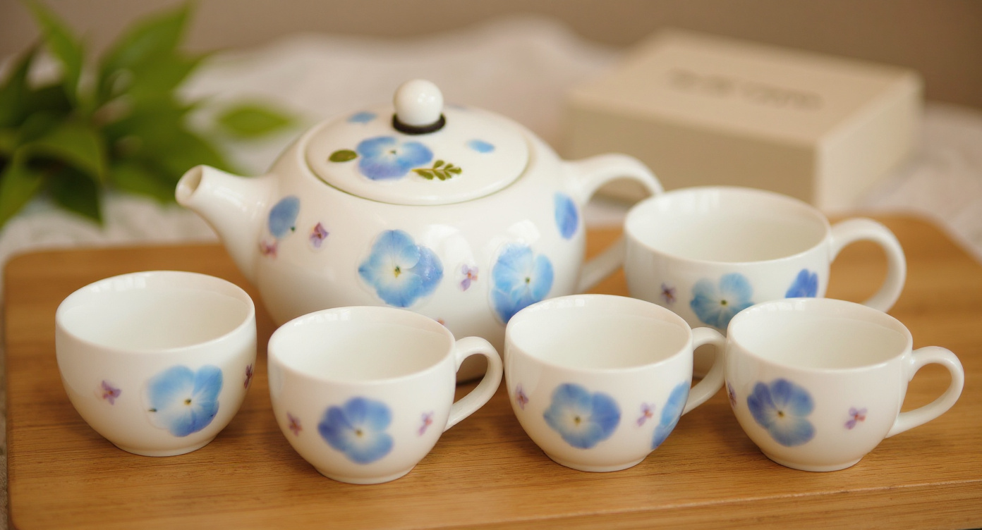 Handmade Porcelain Tea Set Real Pressed Blue Hydrangeas with glass teapot and hydrangea vase