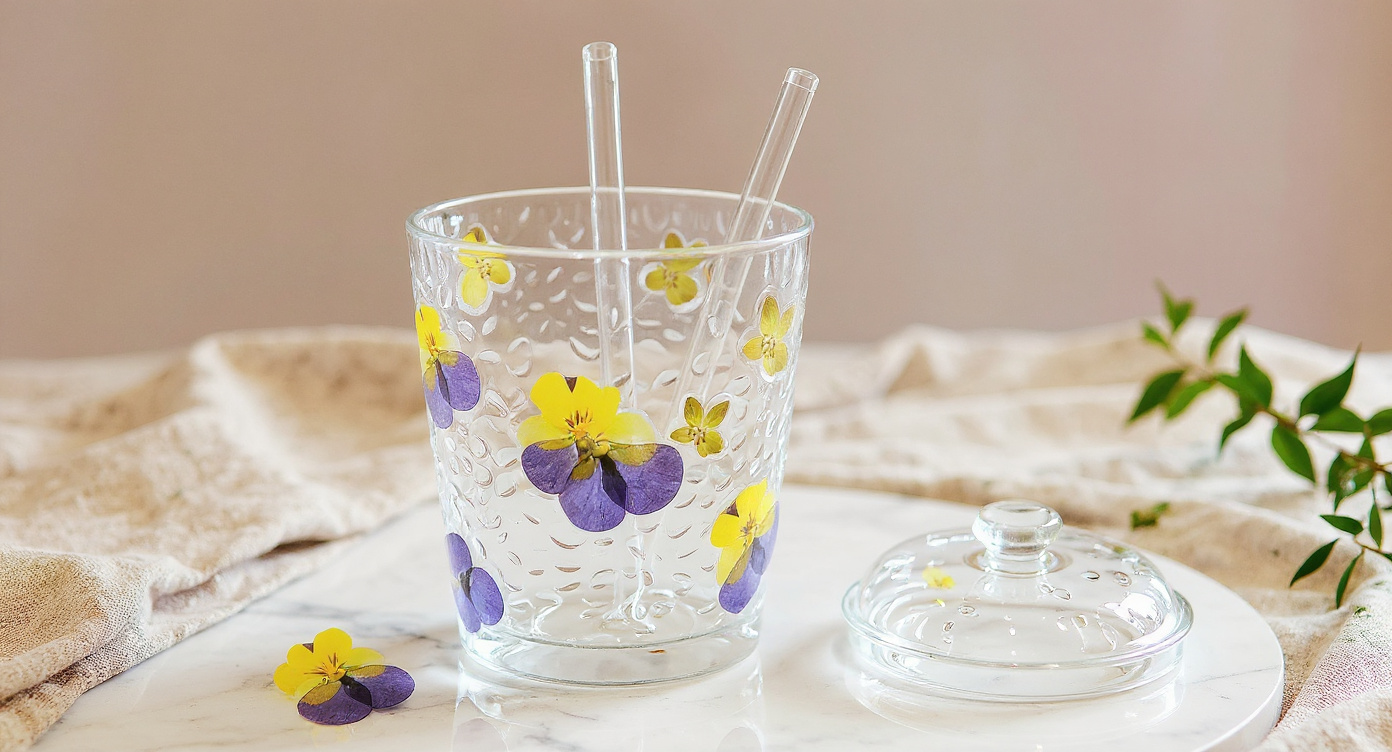 Handmade floral glass cup with real pressed flowers and saucer on linen by window.
