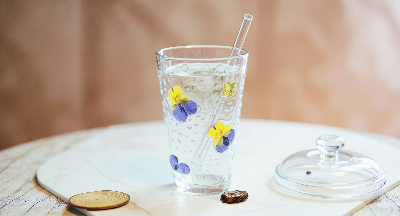 Handmade floral glass cup with real pressed flowers, straw, fresh florals, and gift box.