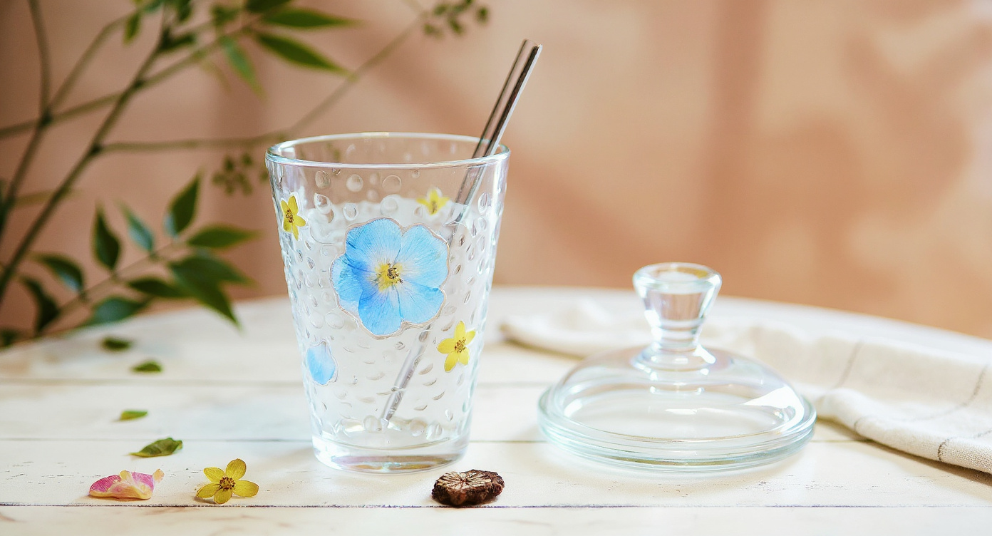 Handmade floral glass cup with real pressed flowers, lid, saucer, pampas and eucalyptus.