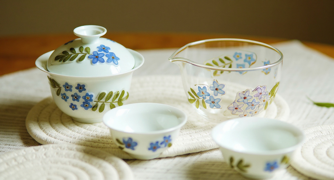 Handmade Bone China Tea Set Preserved Flowers close-up with eucalyptus and incense holder