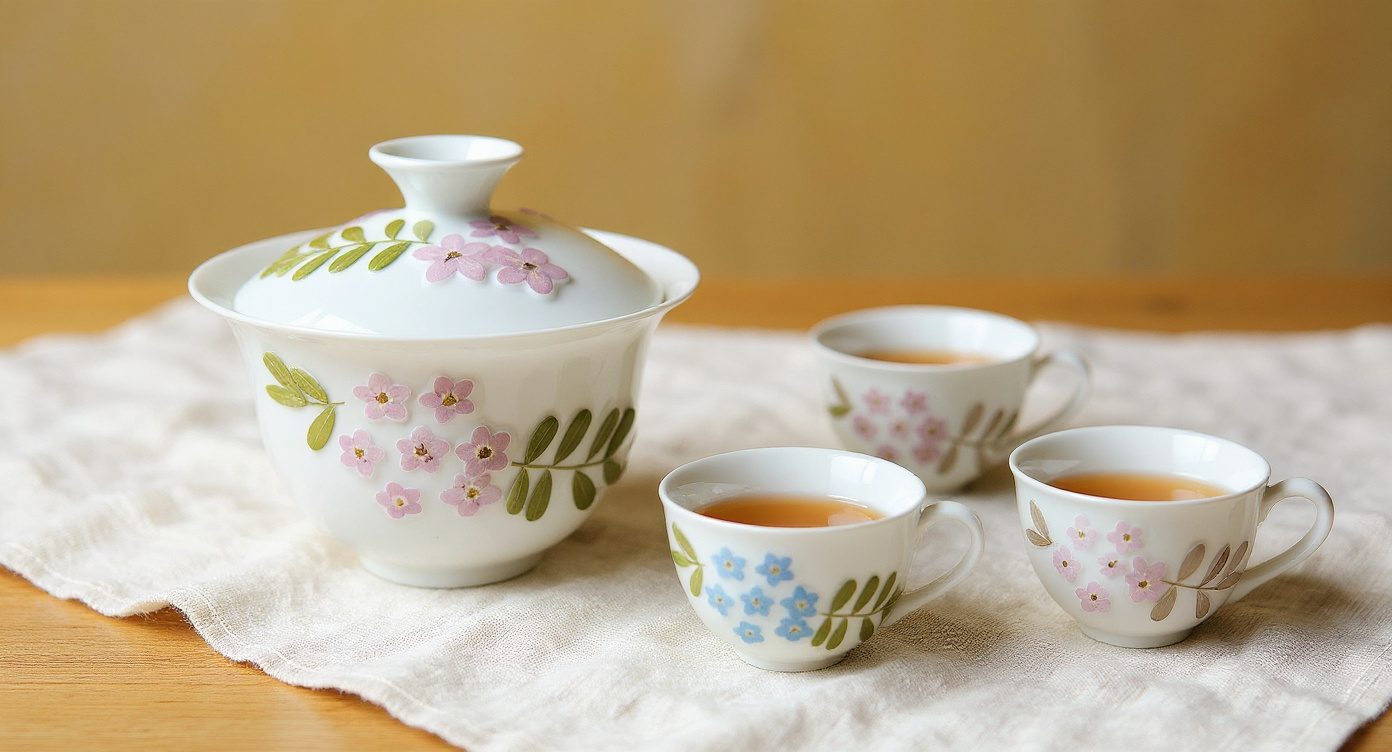 Handmade Bone China Tea Set Preserved Flowers top-down flat lay with pampas and loose petals