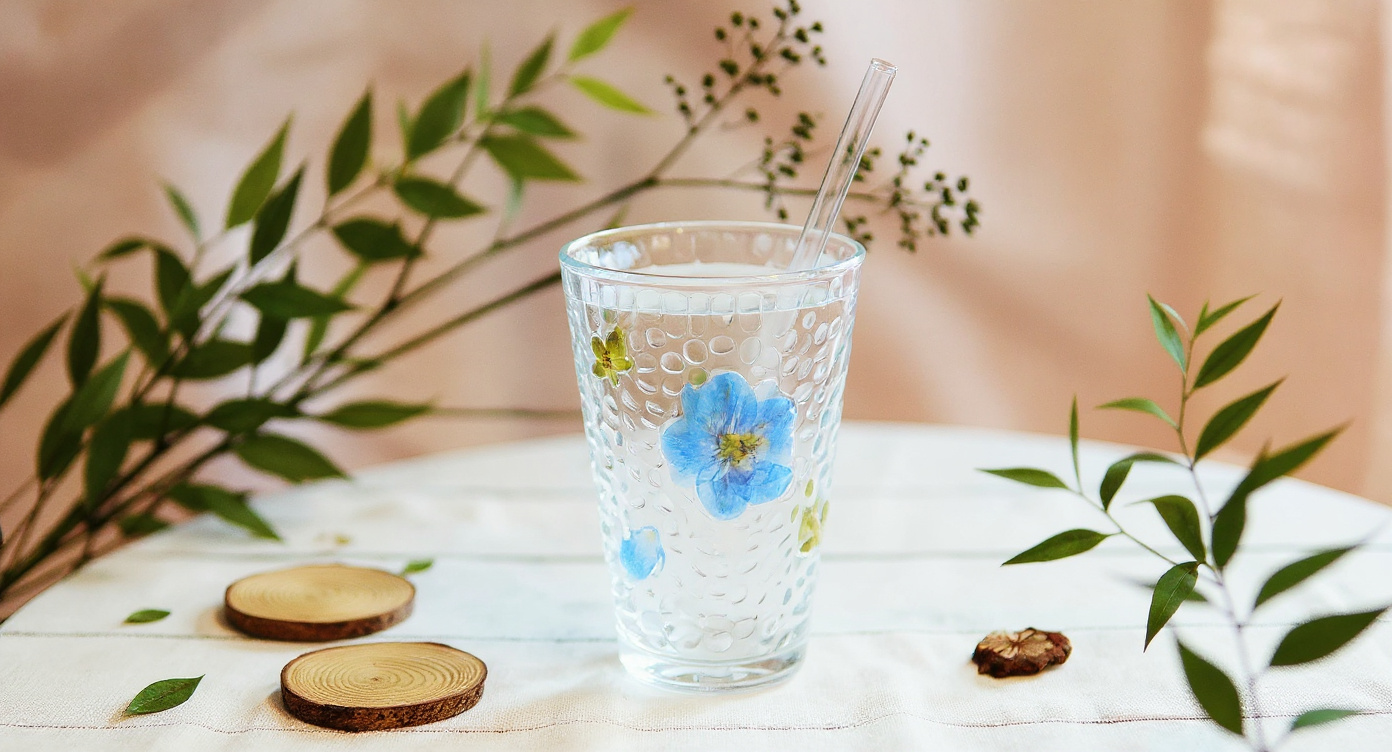 Handmade Pressed Flower Glass Cup Set with iced tea and reusable straw on sage linen.