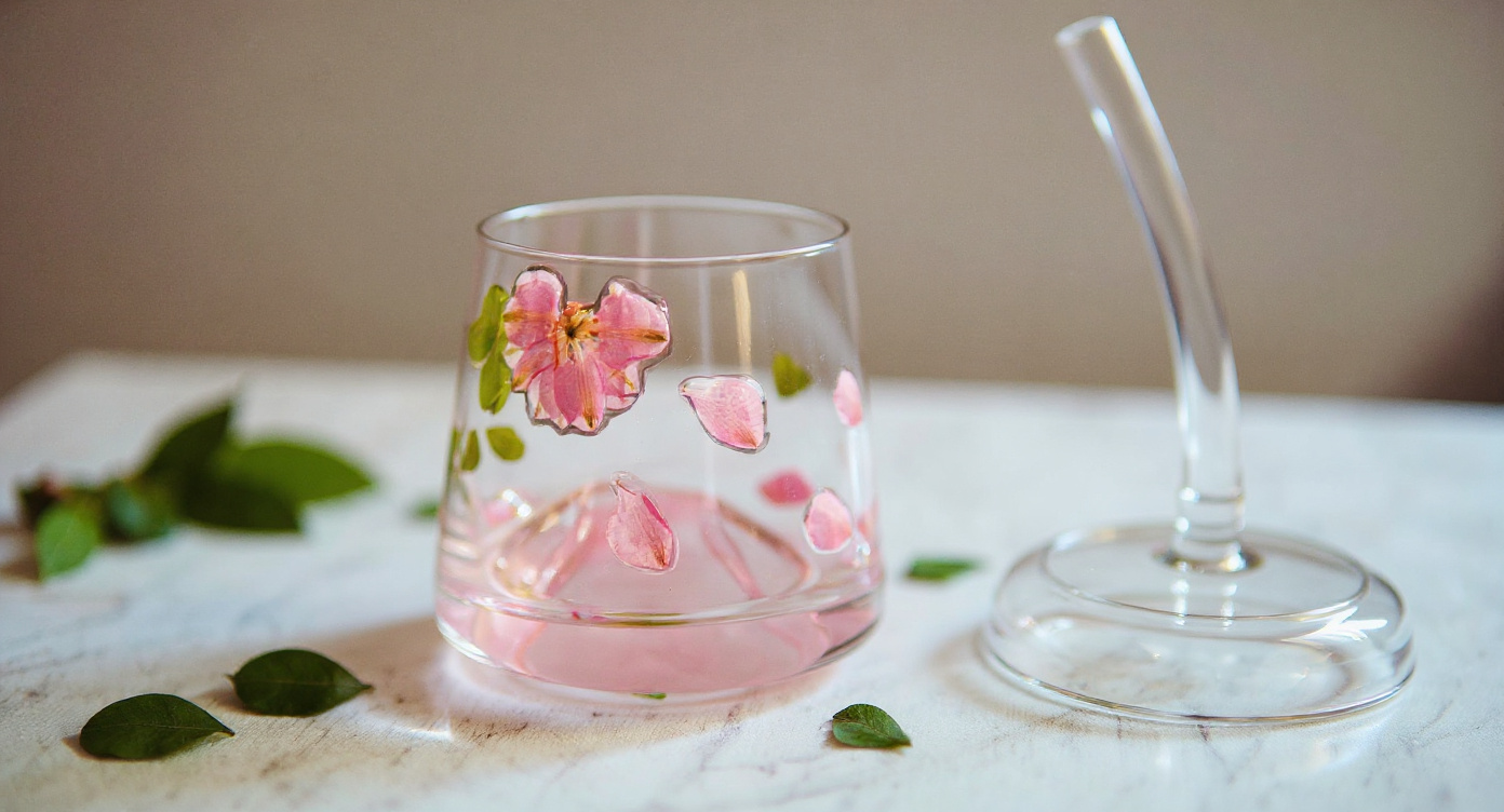 Stemless wine glass with real pink flowers inside on linen beside open journal and bud vase.