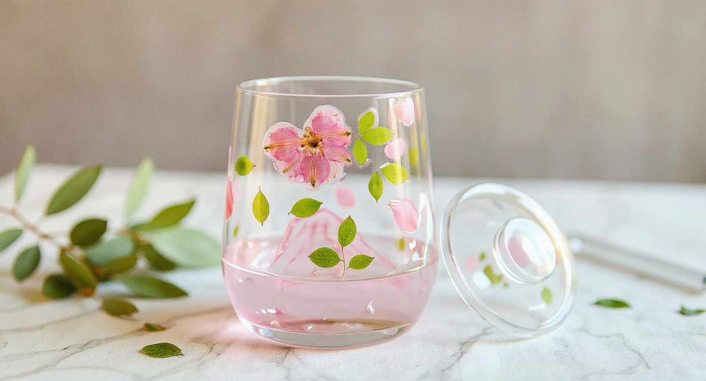 Stemless wine glass with real pink flowers inside on brass tray with dried botanicals.