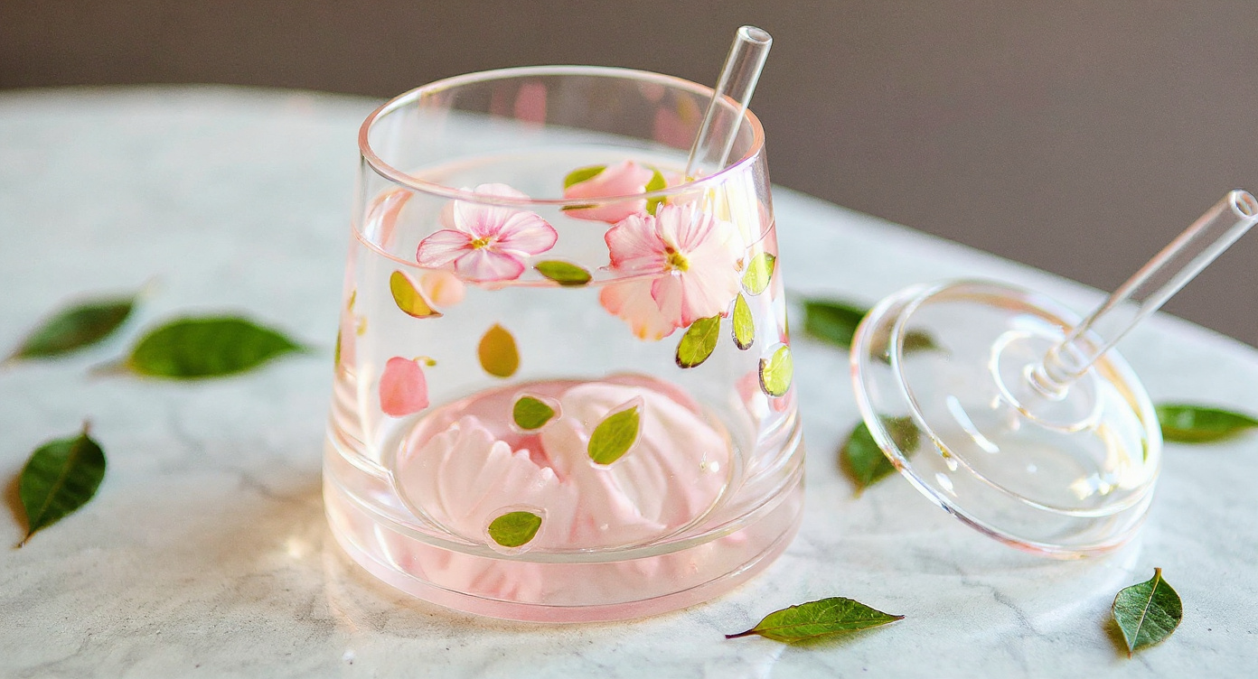 Stemless wine glass with real pink flowers inside flat lay on marble with peonies and candle.