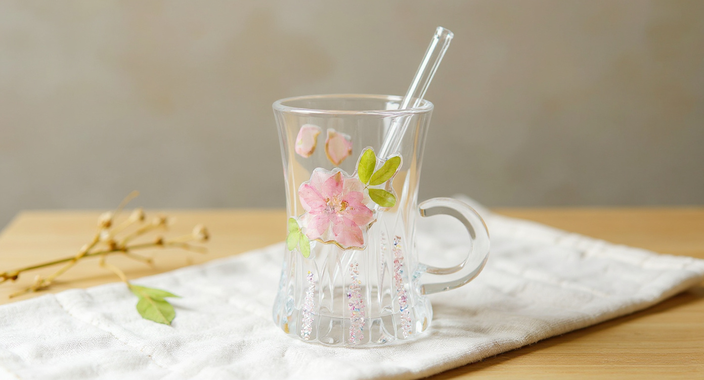 Handmade Real Flower Glass Cup 400ml with glass teapot and eucalyptus