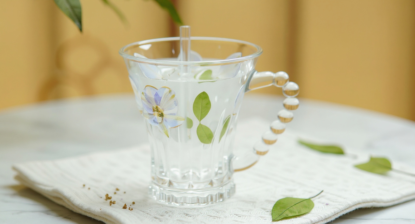 Handmade Real Flower Glass Cup 400ml with lid and straw on botanical book flat lay