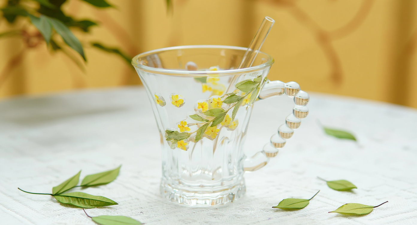 Handmade Real Flower Glass Cup 400ml with iced coffee on rattan tray