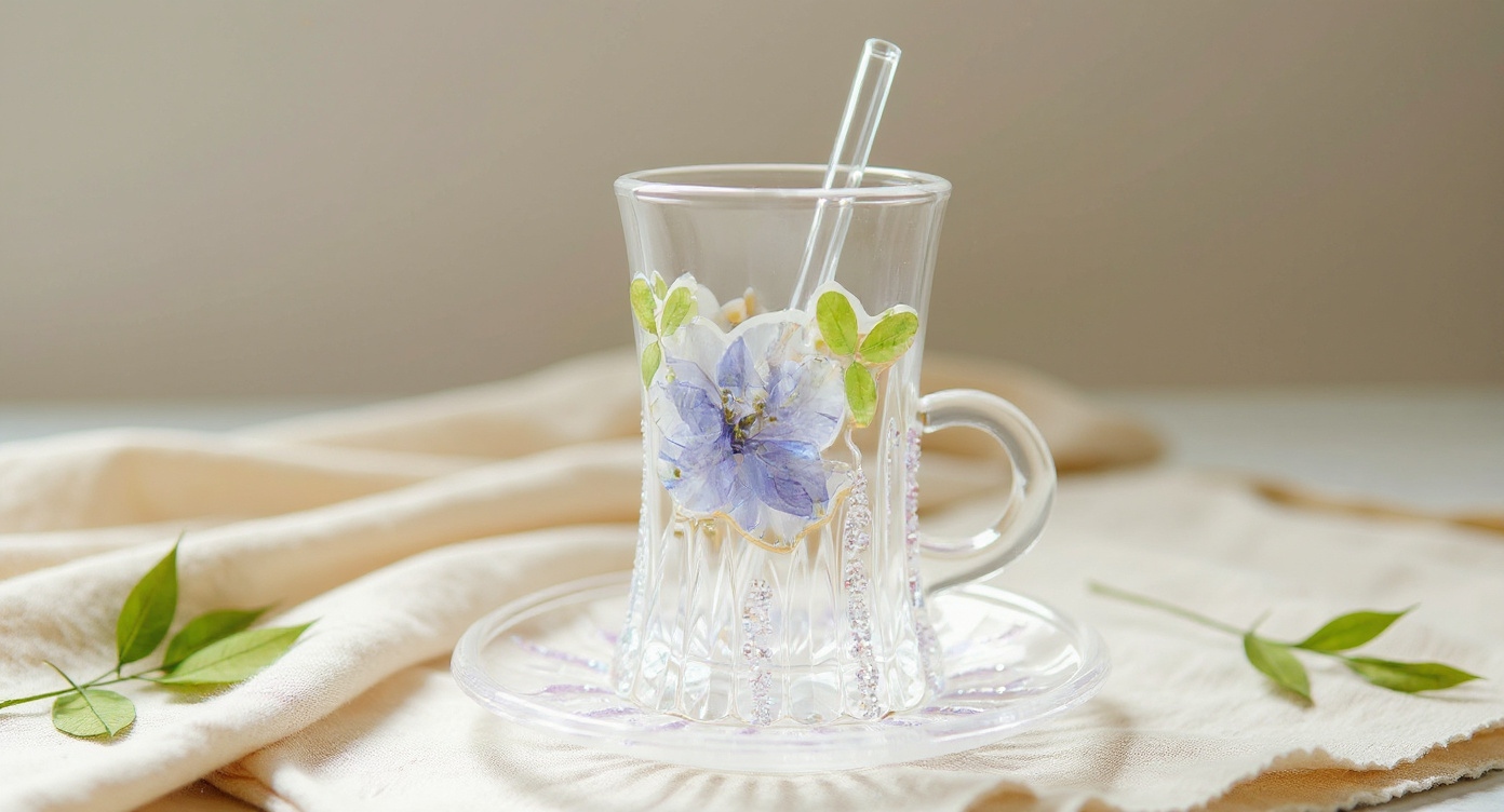 Handmade Real Flower Glass Cup 400ml with beaded handle on botanical book with teapot and pampas.
