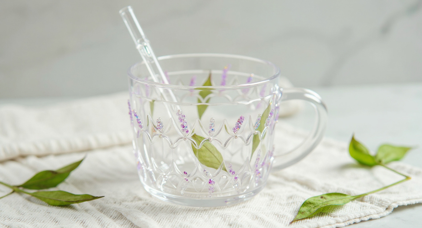Handmade Real Flower Glass Cup 400ml with beaded handle, glass teapot and eucalyptus on marble.