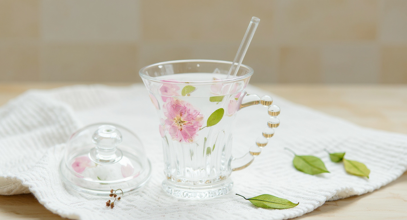Handmade Real Flower Glass Cup 400ml with beaded handle, lid and straw on brass tray with dried flowers.