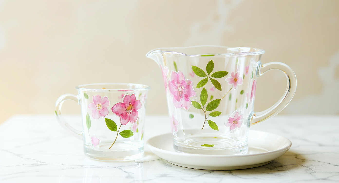 Handcrafted Pressed Flower Relief Glass Coffee Cup & Saucer on linen napkin with teapot background