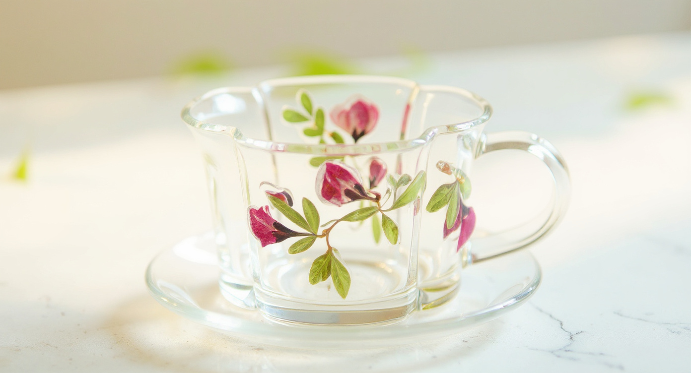Overhead view of Handcrafted Pressed Flower Relief Glass Coffee Cup & Saucer with scattered petals