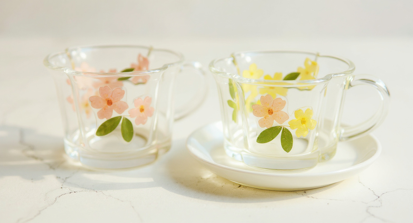Close-up of Handcrafted Pressed Flower Relief Glass Coffee Cup & Saucer botanical texture
