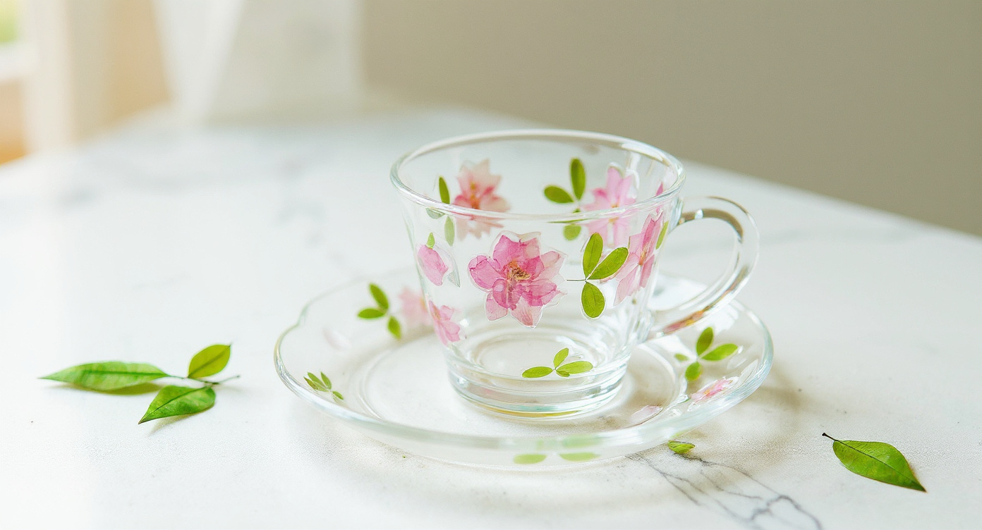 Close-up of handcrafted pressed flower relief glass coffee cup and saucer with vintage spoon.