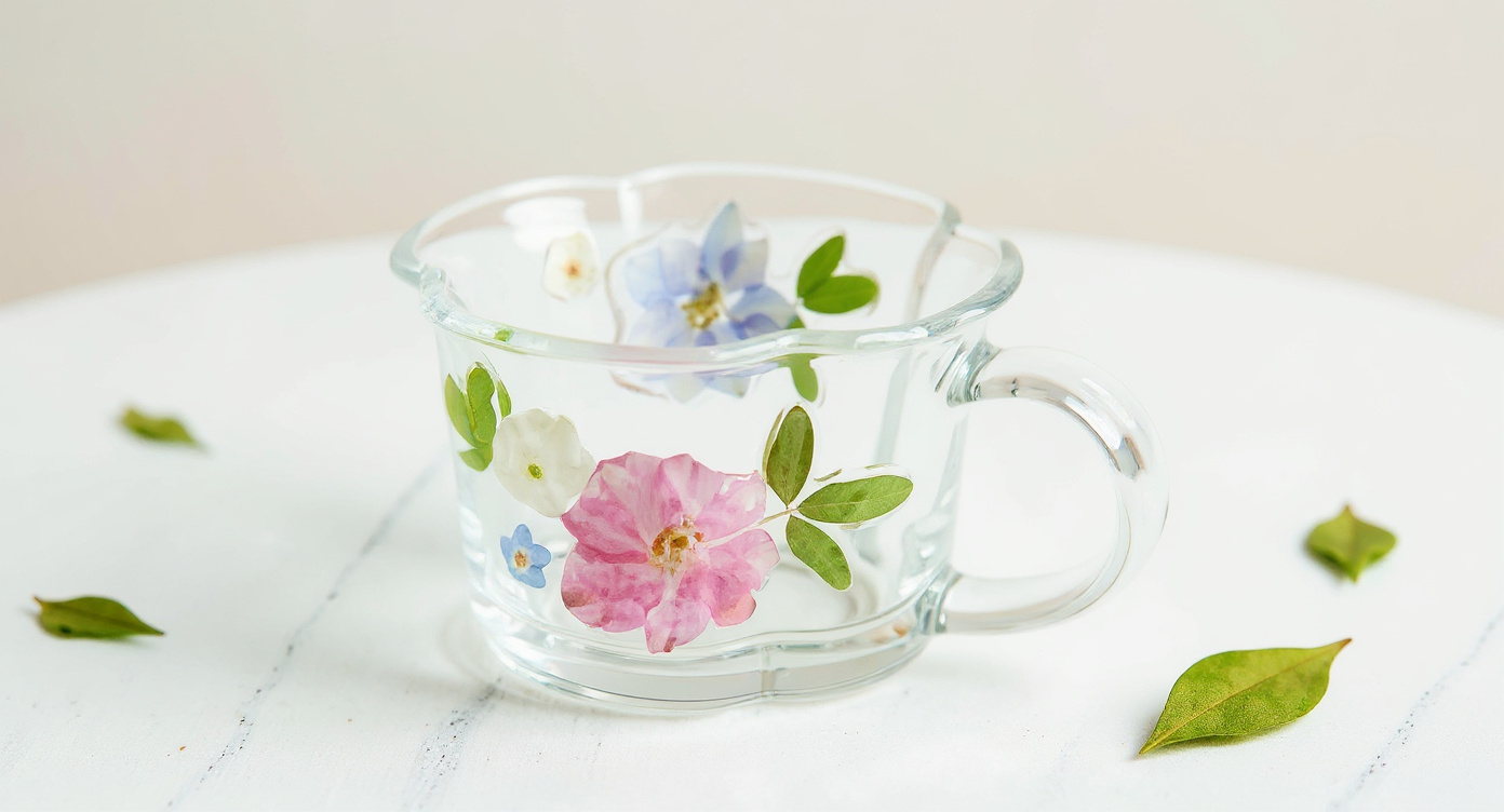 Handcrafted pressed flower relief glass coffee cup and saucer beside floral teapot on marble.